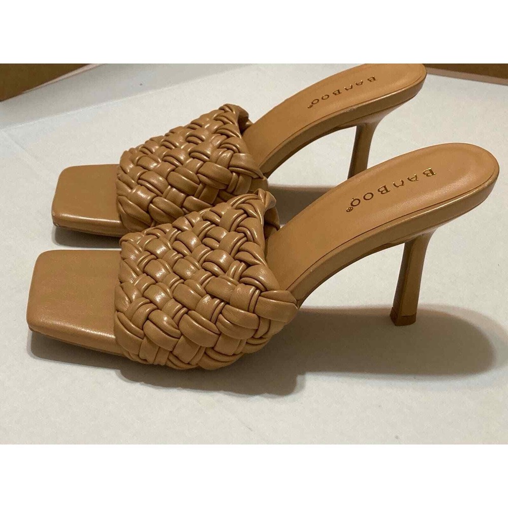 Bamboo Woven Braided Heeled Sandals Slides Square Toe Tan‎ Neutral Minimalist